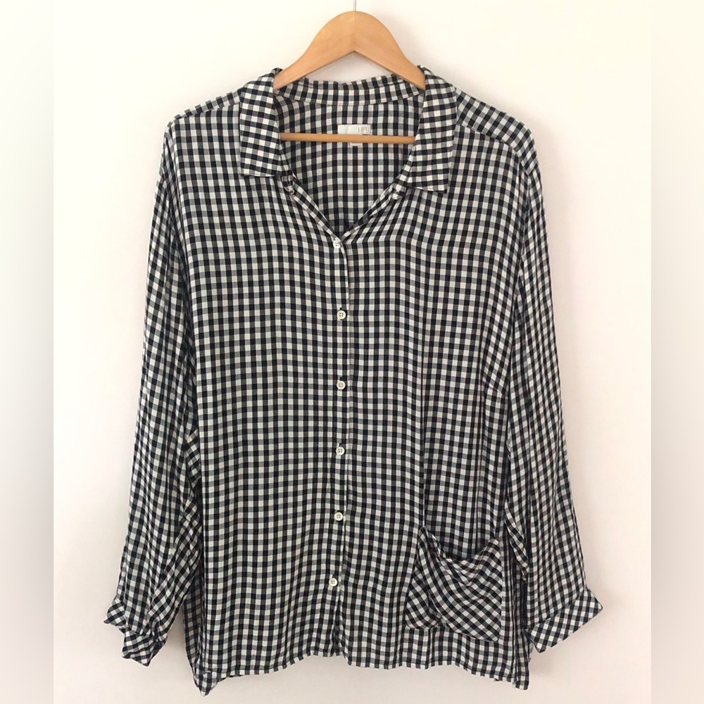 J Jill  Black White Gingham Plaid Button Up Shirt Top Cotton Long Sleeve 4X Plus